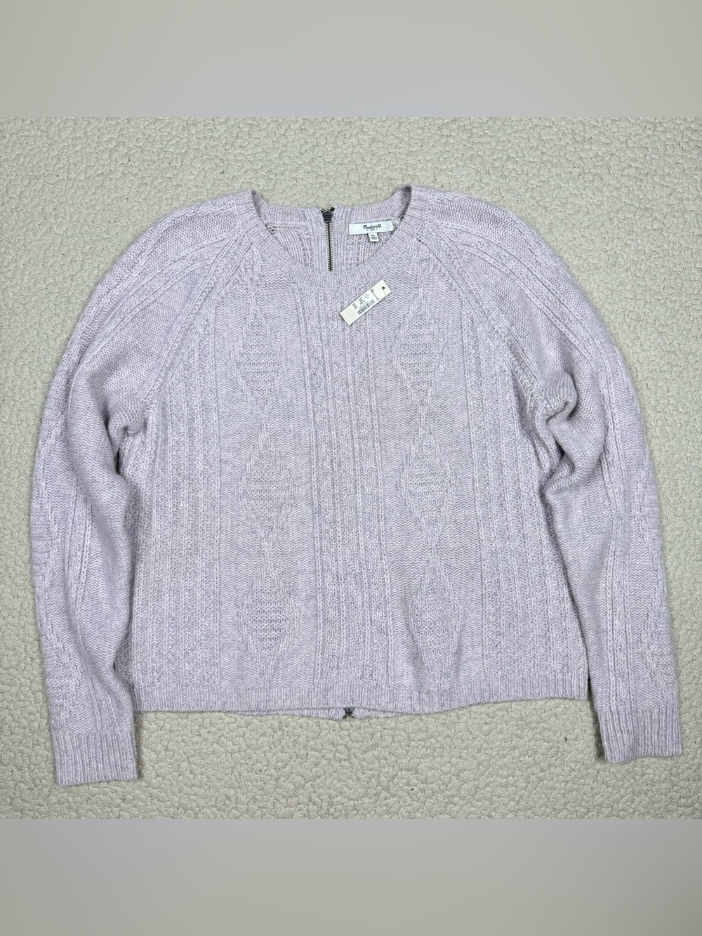 Madewell Full Zip Back Merino Wool Cable Knit Crewneck Sweater